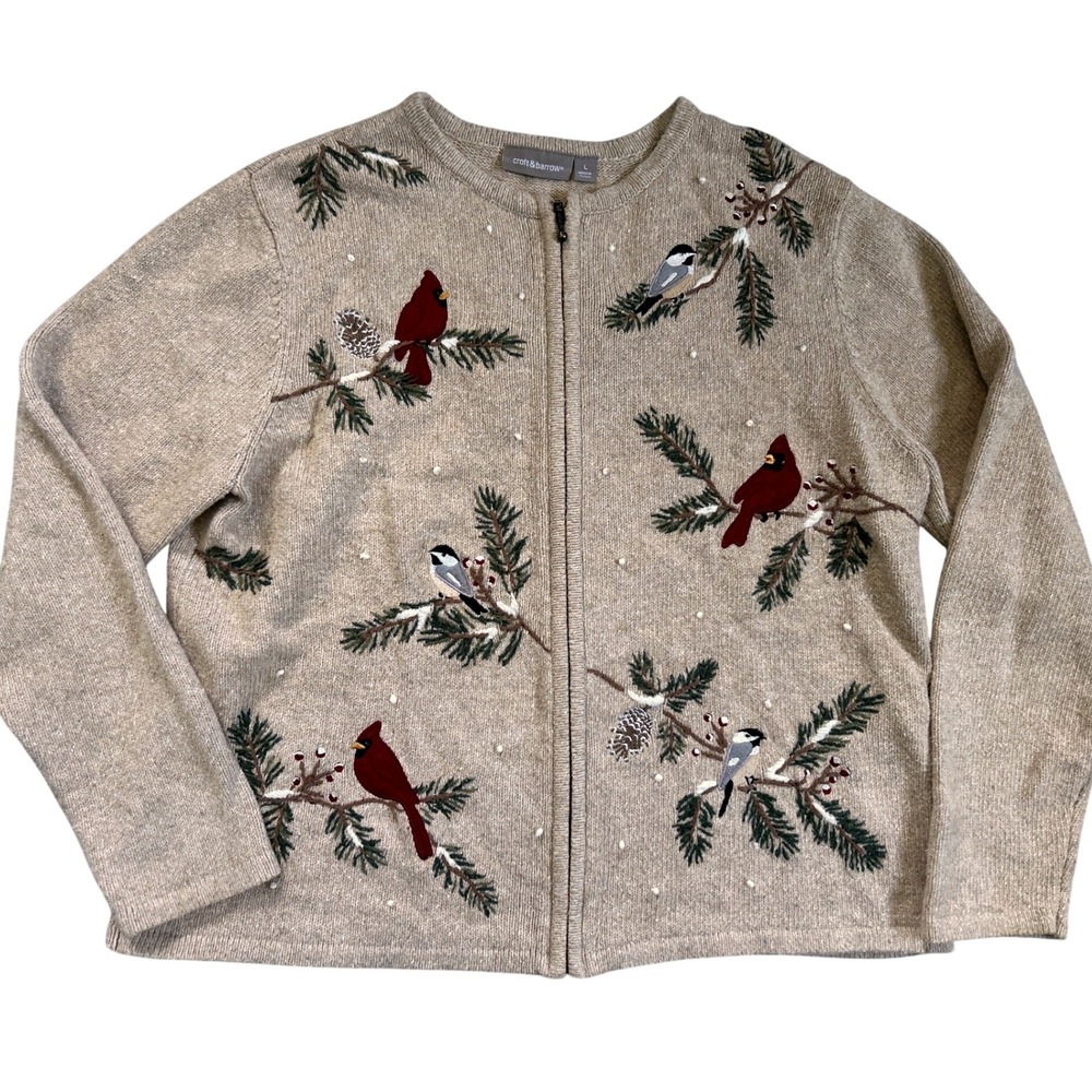 Croft & Barrow Cardigan Sweater Women L Tan Zip Embroidered Birds Pine Branches